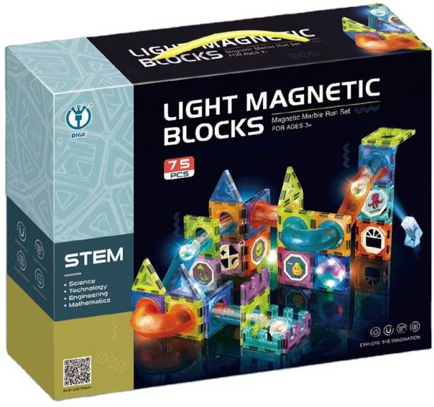 Happy Hues LIGHT MAGNETIC BLOCKS-Magnetic Pipe Building Blocks Set(3D)-Marble Run/ Model Building-STEM Learning & Education Kit- For Kids 3+ years (75 Pieces Multicolour)