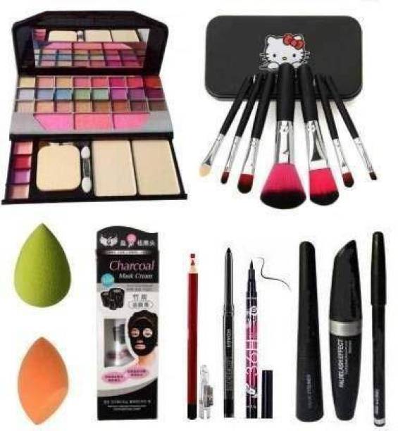 swenky COLOUR Perfect Makeup Eyeshadow 6155 With 7pc Makeup Brush Set + 3 In1 Combo ( MasKara,eyeliner,pencil and a 2 Perfect Beauty Blander With Charcoal face cream + 36H Waterproof eyeliner + 01 Lip Liner +01 Eye Kajal ( Set Of 8) (8 Items in the set)