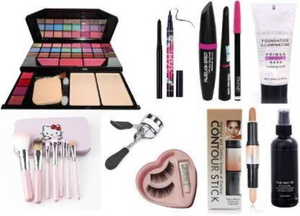 swenky BLACK Smudge Proof Kajal,3in1 Combo set,36h Eyeliner,Fixer,,Primer,Highlighter Contour Stick,Eyelash,Curler,Set of 7 Makeup Brushes,All in One Best Makeup kit 6155 (Eyeshadow,Blusher,Compact,Lip Gloss (12 Items in the set) (13 Items in the set)