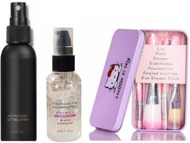 swenky BEAUTY MAKEUP THE MATTE MAKE UP FIXER LONG LASTING AND HYDRATING FACE SPRAY. ILLUMINATING FACE MAKEUP BESE WATER PROOF PRIMER AND HELLO KITTY COMPLETE MAKEUP MINI BRUSH KIT SET OF 7 WITH A STORAGE BOX BEST MAKEUP COMBO KIT (3 Items in the set)