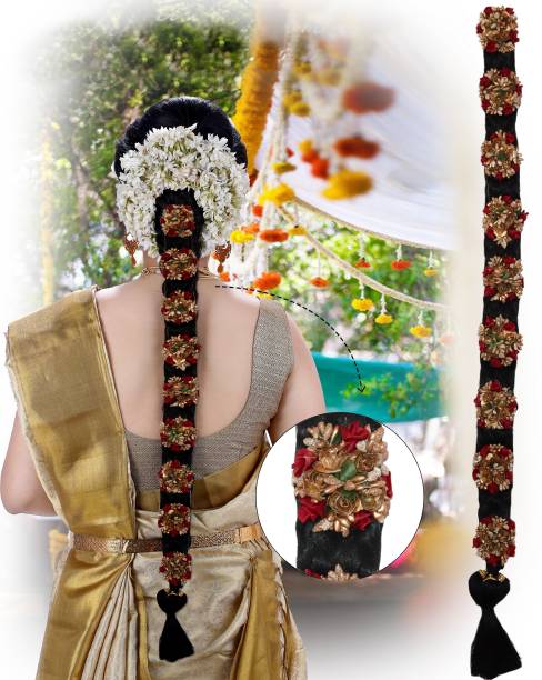 krelin Bharatanatyam Savaram & Kunjalam Kemp Ready Jada Set Hair Accessories/Hair Choti With 9 Flower's Jada Set For Women/Wedding Accessories/Hair (ChotiNew06) Braid Extension