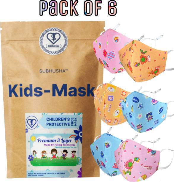 SUBHUSHA SUPER SAFETY 3 Layer cartoon print kids mask with Adjustable Ear loops Pack Of 6 Kids Print-6-PCS-pink & orange Reusable, Washable Cloth Mask