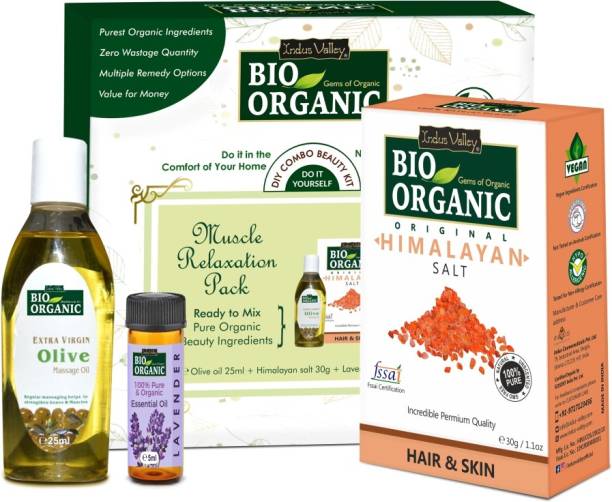 Indus Valley Bio Organic Muscle Relaxing Pack, comprises of Himalayan Salt, Olive Oil and Lavender Essential Oil - Special Gift Pack Combo