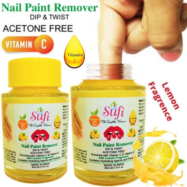 SUFI THE COMPLETE WOMAN PREMIUM QUALITY Dip & Twist Instant Nail Paint Remover with LEMON Fragrance: - Acetone Free, Enriched with Vitamin C or Vitamin E. No parabens. No sulphates. (PACK OF 2)