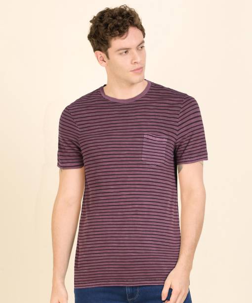 Celio Striped Men Round Neck Purple T-Shirt