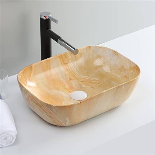 BASSINO Art Wash Basin Countertop, Tabletop Ceramic Bathroom Sink/Basin (IVORY MARBLE) (455X325X145MM) Table Top Basin
