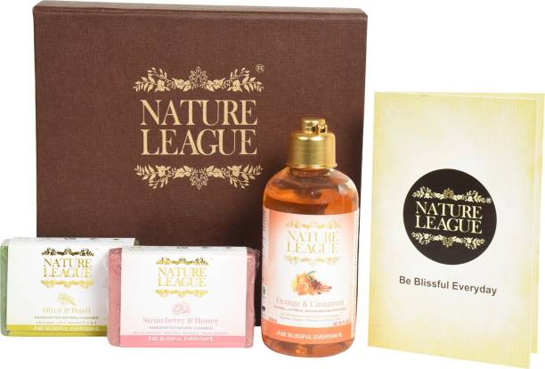 Nature League GIFT BOX |FINEST NATURAL PRODUCTS | FREE FROM HARMFUL CHEMICALS | ORANGE & CINNAMON - NATURAL BODY WASH – 200 ml | OLIVE & BASIL + STRAWBERY & HONEY - NATURAL HANDMADE SOAP – 100 gms EACH | NO SULPHATE , PARABENS, PHTHALATE | ANIMAL CRUELTY FREE
