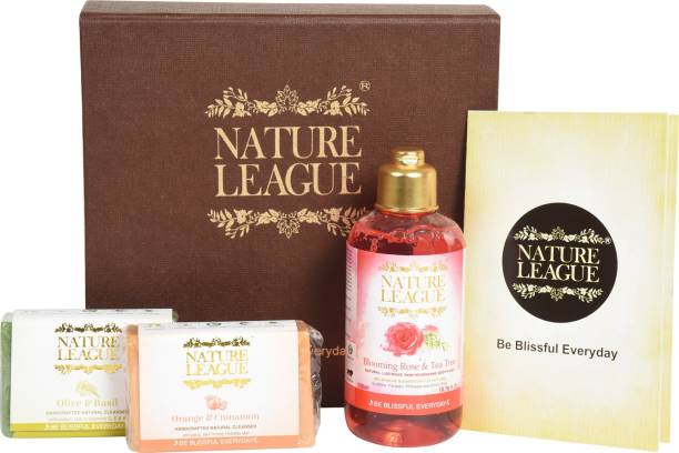 Nature League GIFT BOX |FINEST NATURAL PRODUCTS | FREE FROM HARMFUL CHEMICALS | BLOOMING ROSE AND TEA TREE - NATURAL BODY WASH – 200 ml | OLIVE & BASIL + ORANGE & CINNAMON - NATURAL HANDMADE SOAP – 100 gms EACH | NO SULPHATE , PARABENS, PHTHALATE | ANIMAL CRUELTY FREE