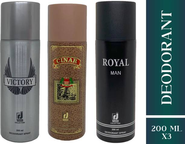 R J PARIS PROFESSIONAL VICTORY + CINAR + ROYAL MAN Combo Pack Deodorant Spray  -  For Men & Women