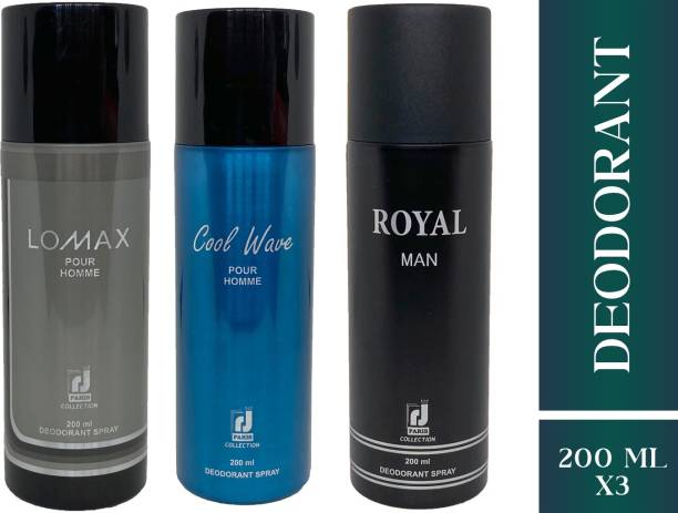R J PARIS PROFESSIONAL LOMAX POUR HOMME + COOL WAVE POUR HOMME + ROYAL MAN Combo Pack Deodorant Spray  -  For Men & Women
