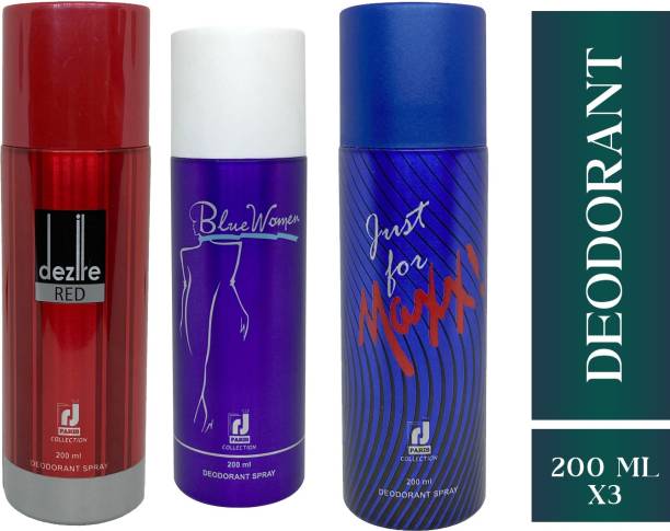 R J PARIS PROFESSIONAL DEZIRE RED + BLUE WOMEN + JUST FOR MAXX Combo Pack Deodorant Spray  -  For Men & Women