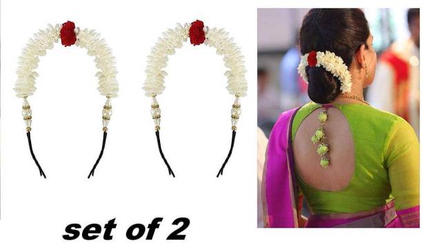 NANDANA COLLECTIONS Pack of 2 White Plastic Hair Gajra Hair Bun Juda Accessories for Women-Set of 2 with Hair Clip Bun Clip
