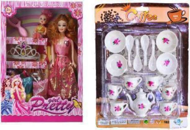 APR ZONE Pretty Doll Girl With Accessories/coffee set party pretend play set for kids (Multicolor)