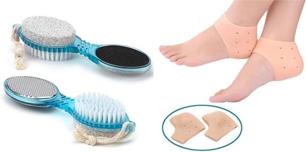 MAYANKK COMBO OF Ogrizle Foot File 4 in 1 with Pedicure Brush Multi use Pedicure Paddle Brush [ Clean Scrub, Pumice Stone ,File and Buff ] Pedicure Tool Pedicure Brush for feet foot Scrub & Silicone Anti Heel Crack Moisturizing Socks, Pain relief