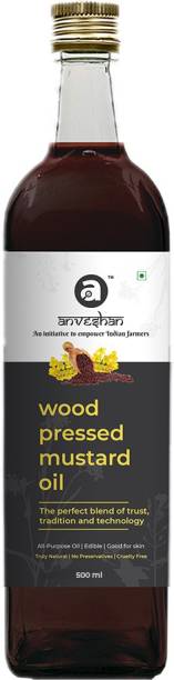 Anveshan Wood Pressed Black Mustard Oil - 500ml | Glass Bottle | Kolhu/ Kacchi Ghani/ Chekku | Natural | Chemical-Free | Cold Pressed Mustard Oil for Cooking Mustard Oil Glass Bottle