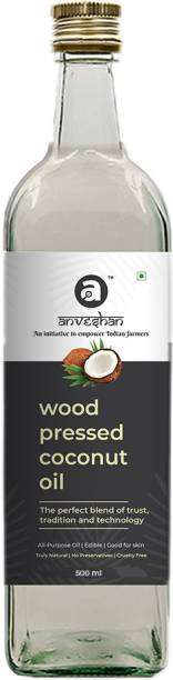 Anveshan Wood Pressed Coconut Oil - 500ml | Glass Bottle | Kolhu/ Kacchi Ghani/ Chekku | Natural | Chemical-Free | Cold Pressed Coconut Oil for Cooking Coconut Oil Glass Bottle