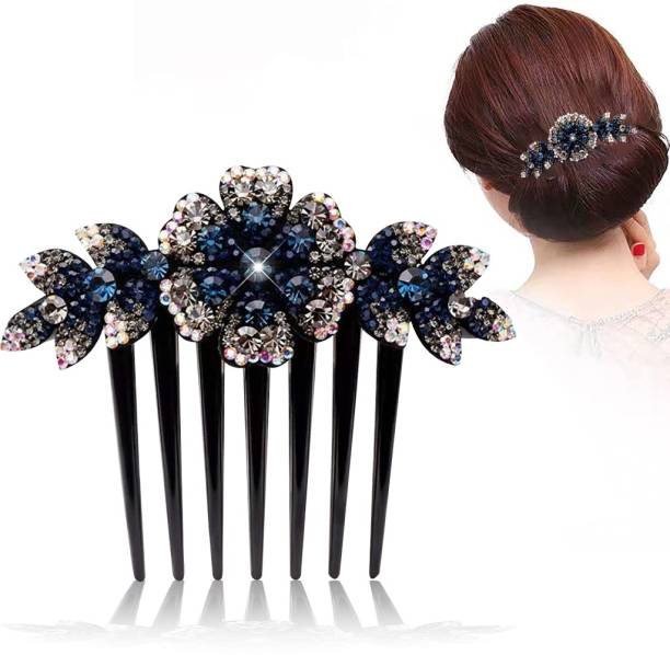 PALAY Hair Clips for Women Flower Hair Comb Pins Slide Hair Clips for Girls Crystal Barrettes Bridal Charm Hair Accessories(dark blue) Hair Pin