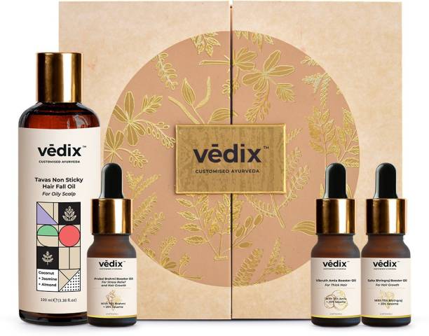 Vedix Customized Ayurvedic Hair Fall Oil Combo with 3 Booster Oils | Tavas Non Sticky Hair Oil For Oily Scalp - With Amla, Brahmi & Bhringraj Booster Oils