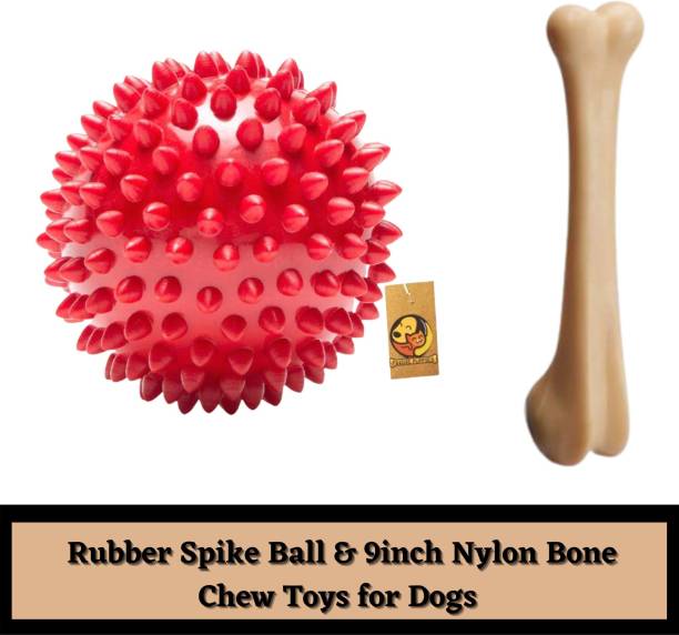 FOODIE PUPPIES Rubber Chew Toy Combo (Spike Ball Toy + 9 Inch Nylon Bone Toy) - Rubber Training Aid, Chew Toy, Bone, Fetch Toy For Dog & Cat
