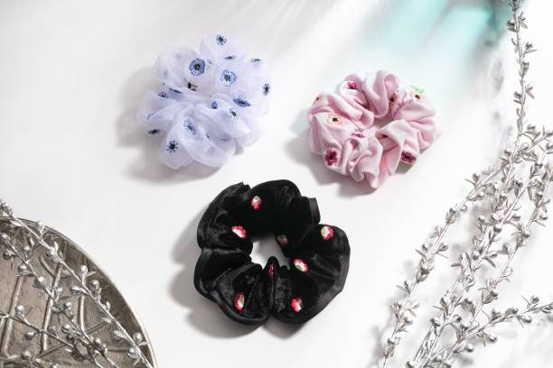 MASQ Floral Embroidered, Handmade Scrunchies/Hair Bands for Women,Girls with Elastic Rubber Band