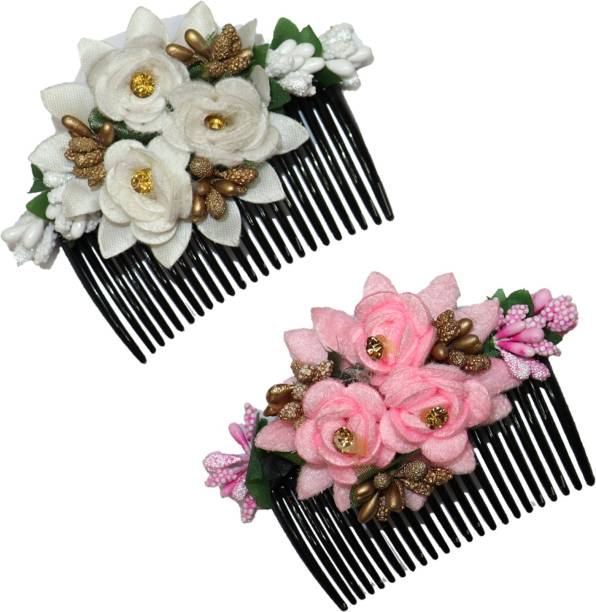 Krenoz Multicolor Acrylic Comb and Cloth Flower Hair Clip/Side Comb/ Flower Design Jooda Hairpin Comb Flower Design Jooda Pin Pearl Hairpin Comb For Women And Girls (Pack of 2)(comb16) Hair Accessory Set