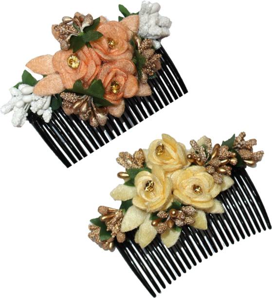 Krenoz Multicolor Acrylic Comb and Cloth Flower Hair Clip/Side Comb/ Flower Design Jooda Hairpin Comb Flower Design Jooda Pin Pearl Hairpin Comb For Women And Girls (Pack of 2)(comb15) Hair Accessory Set