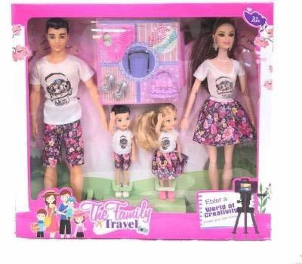 Barodian's amily Dolls Set Dad ,Mom & 2 Kids Movable Body Parts 5 Accessories Kids Toys | (Multicolor)