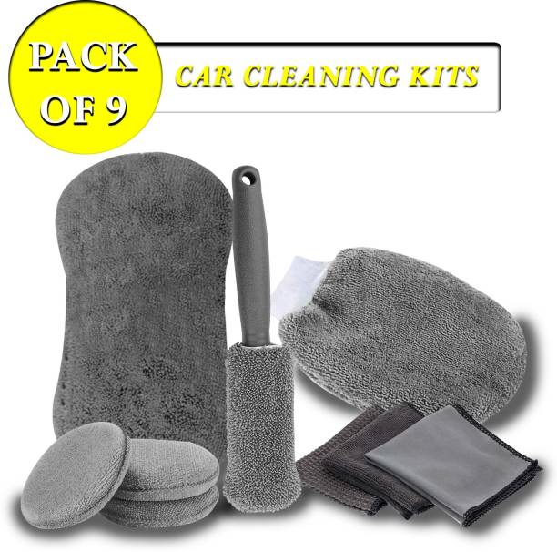 Otoroys Polyester & Nylon Car Wash Cleaning Kit (Set Of 9, Grey) Combo