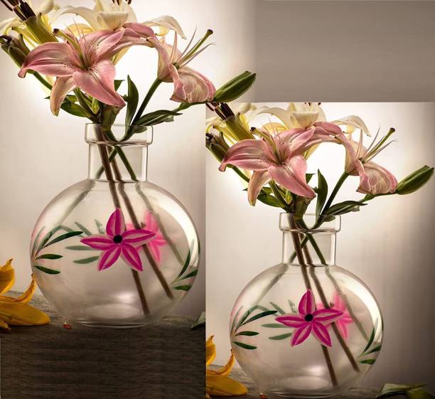 Namisha Round Glass Vase | For Money Plant, Lucky Bamboo Plant | Elegant Flower Designed Vase | Flower Pot | Set of 2 Clear 20X16 Cm Glass Vase