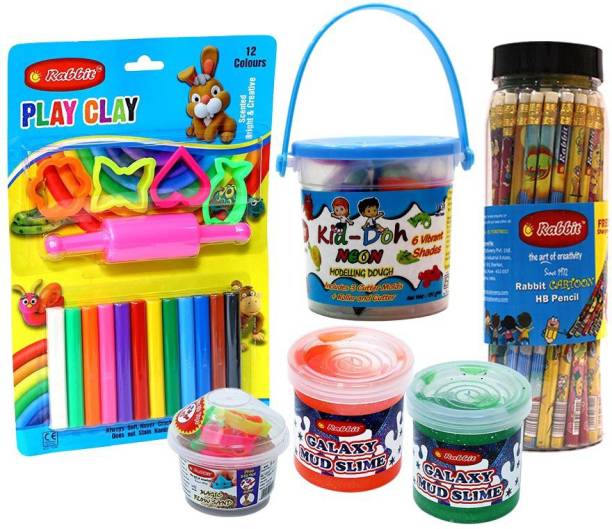 Rabbit Pencil Jar + Sand (100gm)+Galaxy Mud Slime 2+NEON Kid Doh Bucket+Play Clay 12 Colors Blister Card|Pencil set|Kinetic sand for kids with moulds|Putty Toys|Modelling Dough for kids| Play Clay|12 color clay|Age3+
