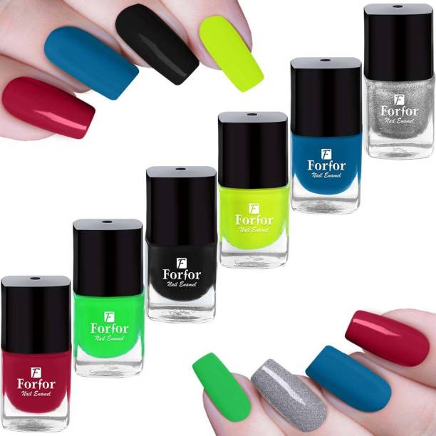 FORFOR Perfect Stay Trendy Safe & Fast Dry | Nail Art | Gel Effect | Glossy Finish Nail Polish Combo of 6 Elegance Red ,Silver Glitz ,Ink Blue ,Neon Lemon ,Light Green ,Charcoal Black