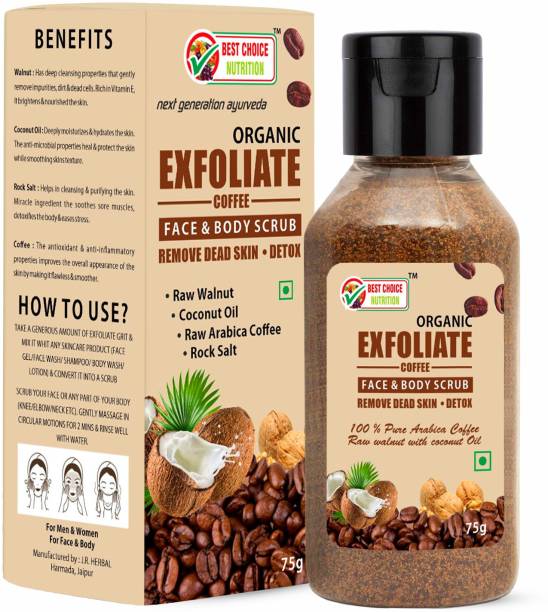 BEST CHOICE NUTRITION Organic Exfoliate Raw Coffee Walnut Scrub for Face & Body, Skin Brightening, Dirt Removal from Neck, Knees, Elbows, Face, Scalp, Arms, De Tan Removal  Scrub