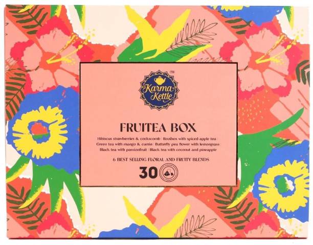 Karma Kettle Fruitea gift box Passion Fruit, Mango, Pineapple, Coconut, Strawberry, Apple, Lime Herbal Tea Festive Gift Box