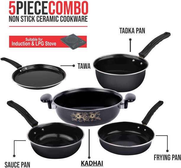 5 pc Kitchen Accessories Set | Non Stick Induction Friendly Cookware | Kadai with Lid , Fry Pan , Tawa , Sauce & Tadka Pan | Ceramic Hard Anodized…