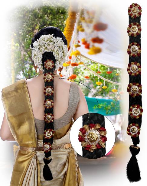 krelin Bharatanatyam Savaram & Kunjalam Kemp Ready Jada Set Hair Accessories/Hair Choti With 9 Flower's Jada Set For Women/Wedding Accessories/Hair (ChotiNew13) Braid Extension