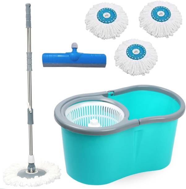V-MOP Premium Classic Dry Magic Spin Bucket Mop Set With 3 Microfiber Refills + 1 Floor Wiper (( 6 Months Warranty on Rod ))-Grounds Wet & Dry Mop