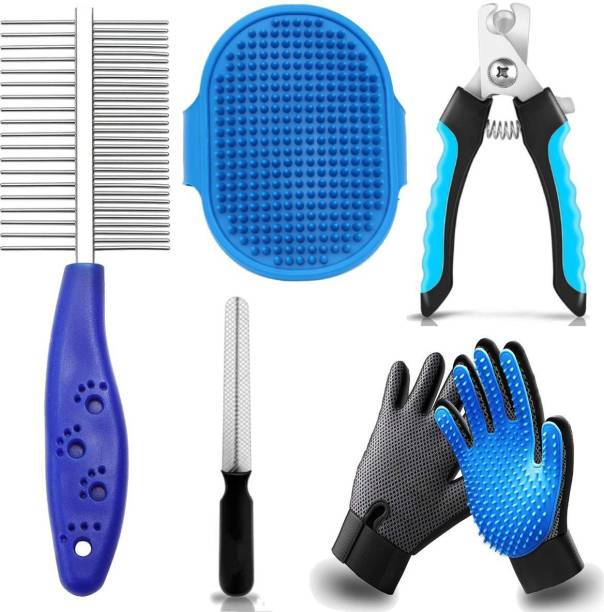 YOUHAVEDEAL Dog Grooming Kit for Puppies & Dogs & Cats Pet Bath Brush Grooming Comb with Adjustable Ring + Dog Nail Clippers with Filer + Pet Bath Glove Grooming + Double Side Steel Comb for Puppy, Cat and Kitten - 4 in 1 Dog Combo (Color May Vary) Plain/ Bristle Brushes for  Dog, Cat, Guinea Pig, Hamster, Horse, Rabbit, Dog & Cat