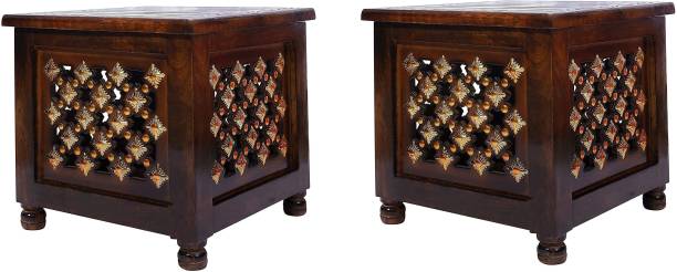 Smarts collection Beautiful Antique Wooden Stool with Storage for Living and Bedroom Furniture (Brown, 12 Inch)(Set of 2) Solid Wood Side Table