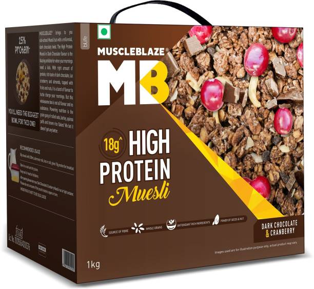 MUSCLEBLAZE High Protein Muesli, Dark Chocolate & Cranberry, 18 g Protein, with Superseeds, Raisins & Almond, Ready to Eat Healthy Snack Box