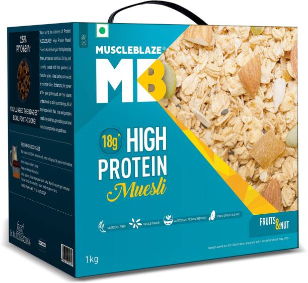 MUSCLEBLAZE High Protein Muesli, Fruits & Nut, 18 g Protein, with Superseeds, Raisins & Almonds, Ready to Eat Healthy Snack Box