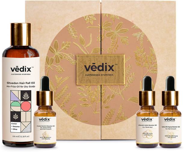 Vedix Customized Ayurvedic Hair Fall Oil Combo with 3 Booster Oils | Shvedan No Frizz Hair Oil For Dry Scalp - With Amla, Brahmi & Bhringraj Booster