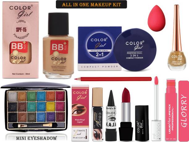 Color Girl Makeup Kit with Foundation+Compact+Puff+Eye Liner+Eye Shadow+ Mascara + Kajal + Lipstick + Lip Liner + Liquid Lipstick -DKTI184