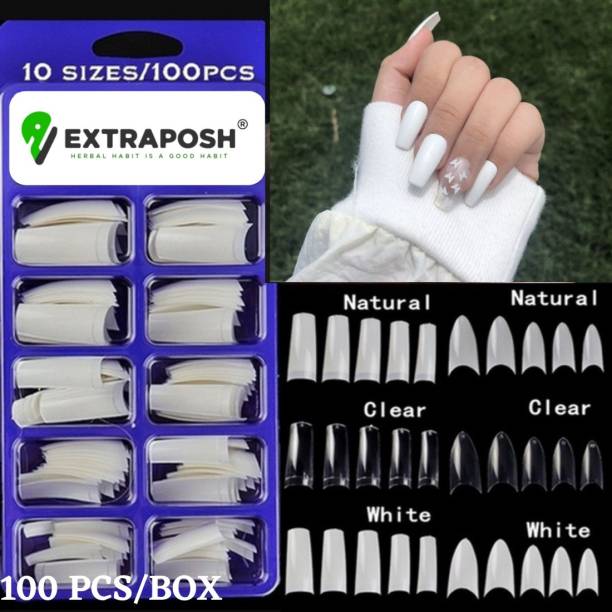 Extraposh Artificial Reusable Nails Set Of 100 With 2 Nail Glue White