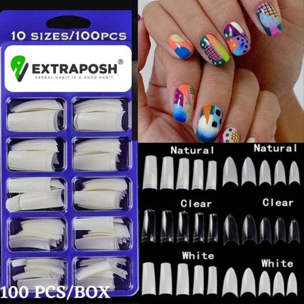 Extraposh NEW Gorgeous 100PCS Professional Reuseable Artificial Nail Tips Best False Nails with 8ML Strong 2 Nail Glue WHITE White