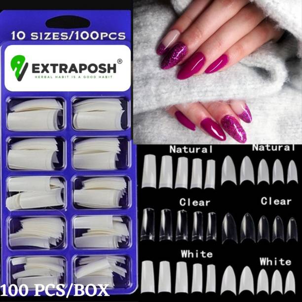 Extraposh Artificial Reusable Professional Nails Set With 2 Glue Acrylic Face Nails Set Of 100 Pcs White