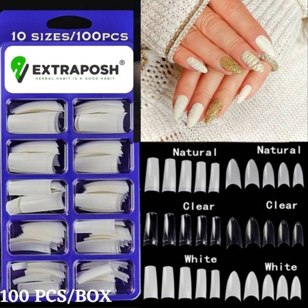 Extraposh 100 pc Artificial Nails Natural French Shape | Finger Nail Extension UV/LED Acrylic DIY Long Natural French Nails Tip 100pc Unbreakable Premium Fake Nails Natural With 2 Glue Bottles White