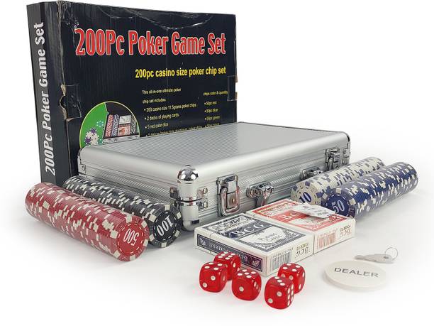 NHR Professional Casino Grade 200 Chips With Aluminum Case,2 deck of Playing Cards, 1 Dealer Chip, 5 dice For Texas Hold'em, Blackjack, Casino Games. Complete Poker Game Set- (200 chips) Feeling Like Casino.