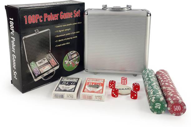 NHR Professional Casino Grade 100 Chips With Aluminum Case,2 deck of Playing Cards, 1 Dealer Chip, 5 dice For Texas Hold'em, Blackjack, Casino Games. Complete Poker Game Set- (100 chips) Feeling Like Casino.