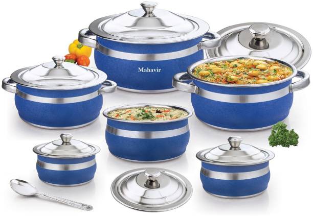 Mahavir Color Cook and Serve set of 13pc comes with 3 big handi and 3 small handi with lids and 1pc seving spoon Induction Bottom Cookware Set (Stainless Steel, 7 - Piece) Induction Bottom Cookware Set (Stainless Steel, 13 - Piece) Induction Bottom Cookware Set