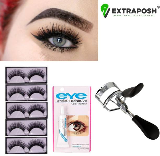 Extraposh Eyelash Curler All Eye Shape For Women Eyelash Curler For Women & Imported 5 Pair Black Natural Thick Long False Eyelashes with Adhesive
